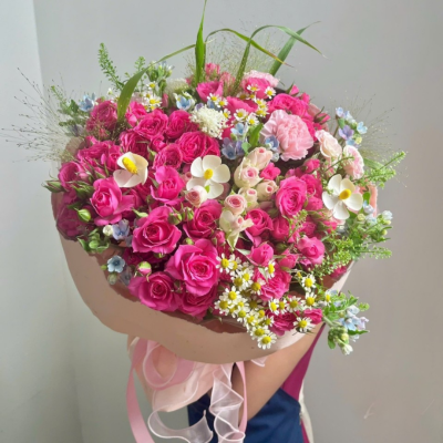 Bó Hoa Hồng Hồng Đậm Tròn